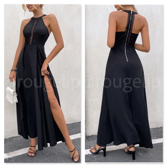 Rouge! Dresses & Skirts - Black Elegant Maxi Dress Lace Halter Neckline Zip Back Flared Long Leg Slit